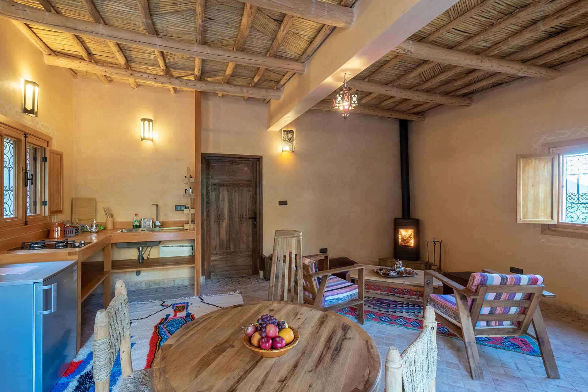 Berber Lodge kitchen, dining area and lounge, Kasbah du Toubkal