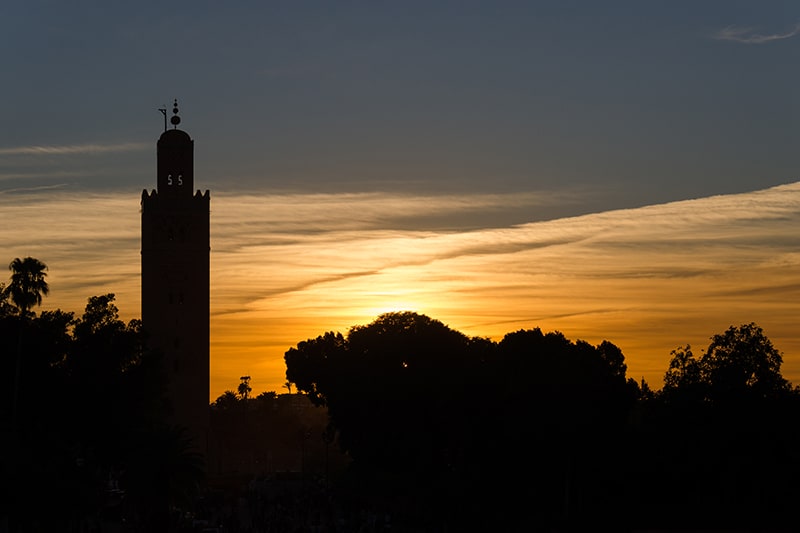 Sunset with a silhouette of the Koutoubia minaret, Marrakech