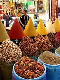 Spices piled up in a souk in Morocco