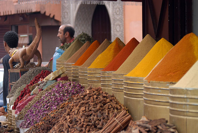 Spices filled high, souk, Marrakech medina